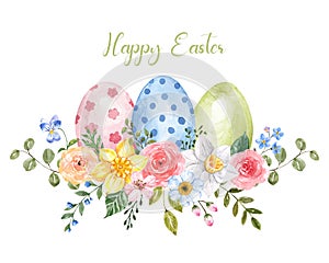 Watercolor Easter egg wreath. Colored pastel eggs and pretty spring flowers arrangement. Holiday decor. Greeting card design