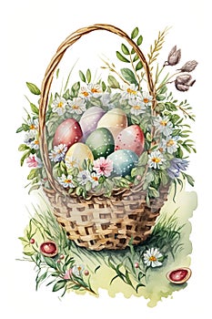 Easter Eggs In Basket Standing On Green Grass, Isolated On White Background - Generative AI