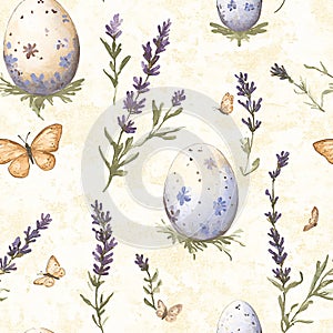 Watercolor Easter eggs with lavender and butterflies, pastel background, spring holiday design, pattern