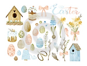 Watercolor Easter eggs, lettering, birdhouses and flower elements set