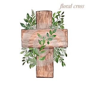 Watercolor Easter flower cross illustration. Rustic wooden cross wreath and green leaves for Easter decor, cards, greetings