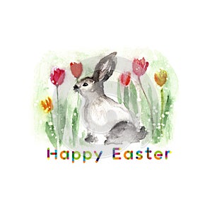 Watercolor easter greeting card with bunny and tulips, cute happy easter illustration with bunny in flowers