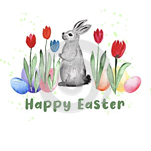 Watercolor easter greeting card with bunny and tulips, cute happy easter illustration with bunny in flowers and eggs hidden in