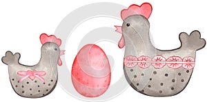 Watercolor Easter grey chicken, pink egg, bow and hearts