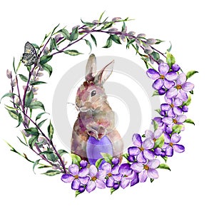 Watercolor Easter Illustration featuring a rabbit with an egg in a wreath