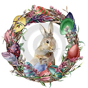 Watercolor Easter Illustration featuring a rabbit with an egg in a wreath