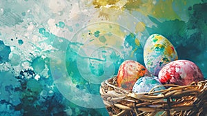 Watercolor Easter illustration with painted Easter eggs in basket on aquarelle emerald yellow background. Banner with