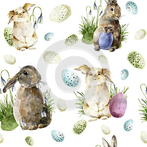 Watercolor easter pattern with rabbit. Holiday ornament with bunny, colored eggs and snowdrops isolated on white