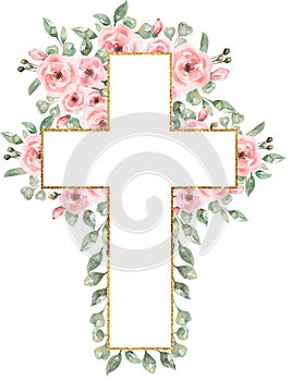Watercolor Easter Pink flowers Cross Clipart, Delicate Peony Florals Frame Clip art, Hand painted Pink Baptism Crosses, Wedding
