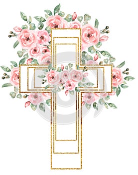 Watercolor Easter Pink flowers Cross Clipart, Golden frame, Delicate Peony Florals arrangement, Hand painted Pink Baptism Crosses