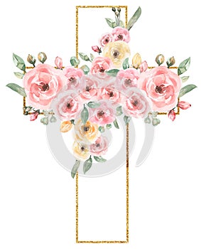 Watercolor Easter Pink flowers Cross Clipart, Golden frame, Delicate Peony Florals arrangement, Hand painted Pink Baptism Crosses