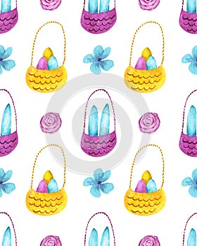 Watercolor Easter seamless pattern. Baskets wit eggs and bunny ears, floral elements