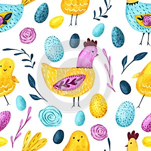 Watercolor Easter seamless pattern. Chicken, eggs and floral elements