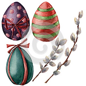 Watercolor Easter set with eggs and willow branch. Hand painted willow and bright eggs with decor. Holiday