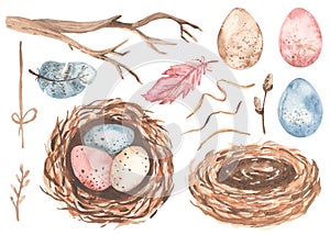 Watercolor Easter spring set with nests, Easter eggs, twigs, feathers, willow, straw. Happy easter, greeting design for postcard