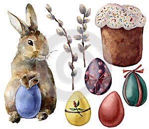 Watercolor Easter symbols set with eggs and bunny. Hand painted color eggs, willow branch, Easter cake, rabbit