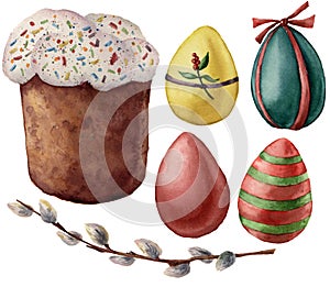 Watercolor Easter symbols set with eggs. Hand painted color eggs, willow branch, Easter cake, isolated on white