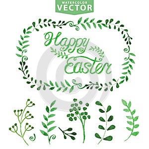 Watercolor Easter template.Word,leaves,branshes