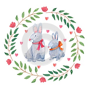 Watercolor Easter wreath with cute rabbits