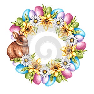 Watercolor easter wreath with easter bunny, colored egg, flower on white