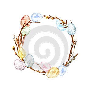 Watercolor Easter wreath with eggs, isolated on white background. Hand painted Round frame