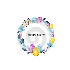 Watercolor Easter wreath with natural rustic elements. Decorative round frame with eggs, flowers and branches