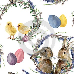 Watercolor easter wreath pattern. Hand painted rabbit, chicken with lavender, willow, tulip, color eggs, butterfly and