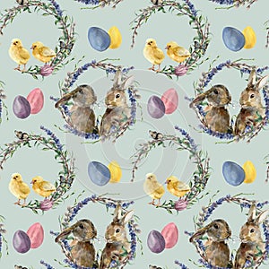 Watercolor easter wreath pattern with rabbit. Hand painted chicken with lavender, willow, tulip, color eggs, butterfly