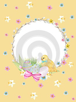 Watercolor Easter wreath on yellow background. Greeting cards design, banners, invitations, poster concept. Hand painted