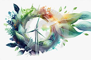 Watercolor ecology renewable energy concept design. Generative ai