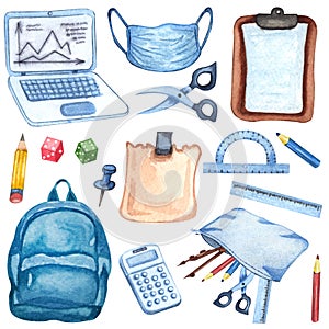 Watercolor education equipment of backpack, microscope, books, laptop, pencils, face mask, calculator, ruller. Hand