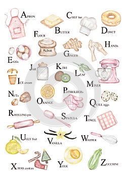 Watercolor Educational kids ABC poster with food and kitchen utensils. HomeSchool illustration