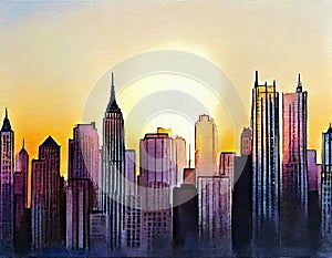 Watercolor of effect Manhatten downtown skyscraper sunrise