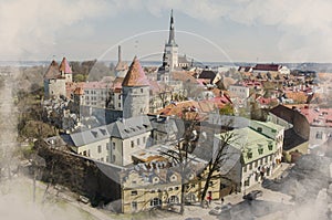 Watercolor effect of photo with view from above of Tallinn Old Town in summer, Estonia