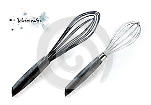 Watercolor egg beater. Hand drawn realistic illustration with set of two cream whipper. Shiny metal kitchen items