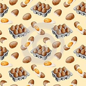 Watercolor eggs seamless pattern. Hand drawn brown egg, yolk and glair, eggshell and egg packaging box isolated on white