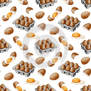 Watercolor eggs seamless pattern. Hand drawn package with fresh brown eggs, yolk and glair isolated on white background