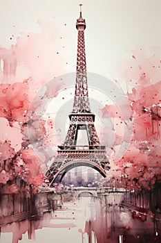 Watercolor Eiffel Tower and cherry blossom trees. Spring in Paris. Generative AI