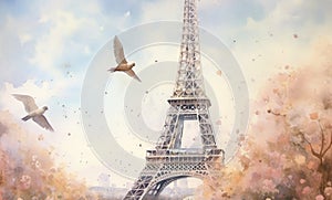 Watercolor Eiffel Tower and flying pair of pigeons in the park. Illustration for postcard, wedding invitation, t-shirt