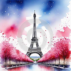 Watercolor Eiffel Tower with roses and paint splatter vertical