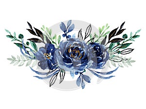 Watercolor elegant vintage navy indigo blue flower bouquet and leaves foliage hand painted