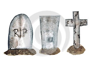 Watercolor elements isolated on white background, three different gravestones with graves