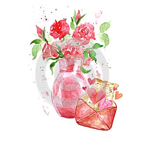 Watercolor elements set for valentines day. hand painted floral bouquet with red roses in vase photo