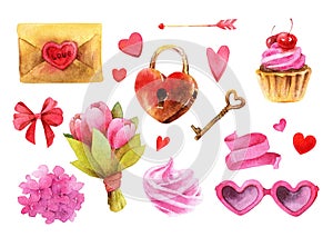 Watercolor elements for Valentine`s Day