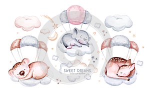 Watercolor elephant animal illustration of a cute baby sheep, lamb, sleeping rabbit and bunny, koala and deer fawn on the moon and