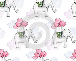 Watercolor elephant. Kids pattern. Valentines day background