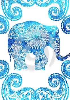 Watercolor Elephant poster with tribal patterns and ornament