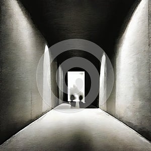 Watercolor of Empty dark abstract concrete tunnel room with lights interior architectura photo