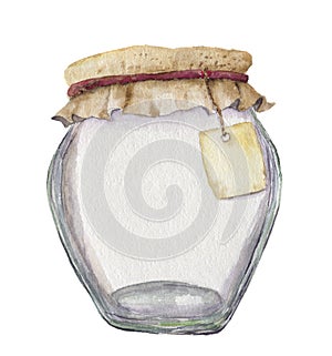 Watercolor empty jar for jam with label for an inscription. Illustration isolated on white background. For design