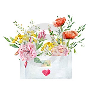 Watercolor envelope with wild floral garden. Pink peony and red poppies, greenery branches, twigs, leaves. Bright wildflowers